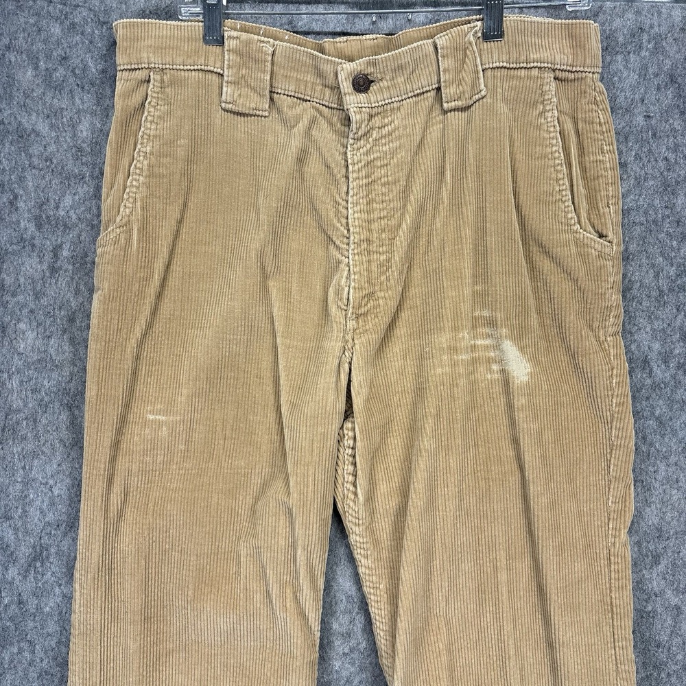 Vintage 1970s Levi's Corduroy Flare Pants 33x29 Tan Talon Zip USA Distressed - Picture 2 of 16